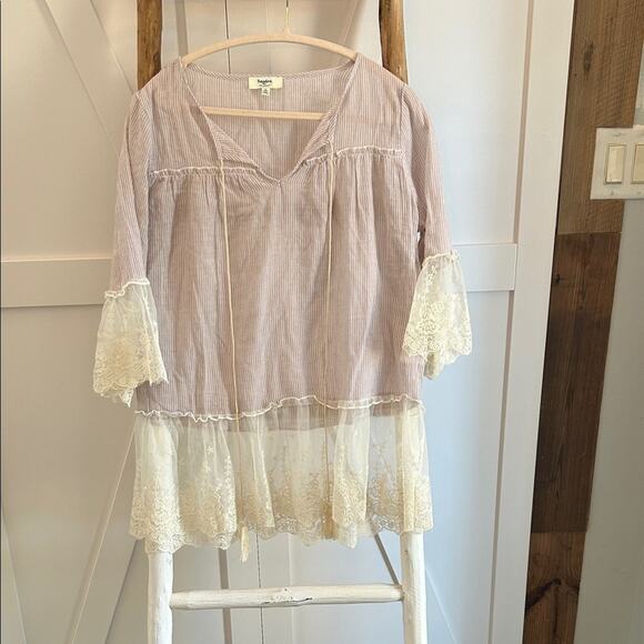Hayden Tops - Hayden Striped Blouse with Lace Trim Cream and Beige Feminine M